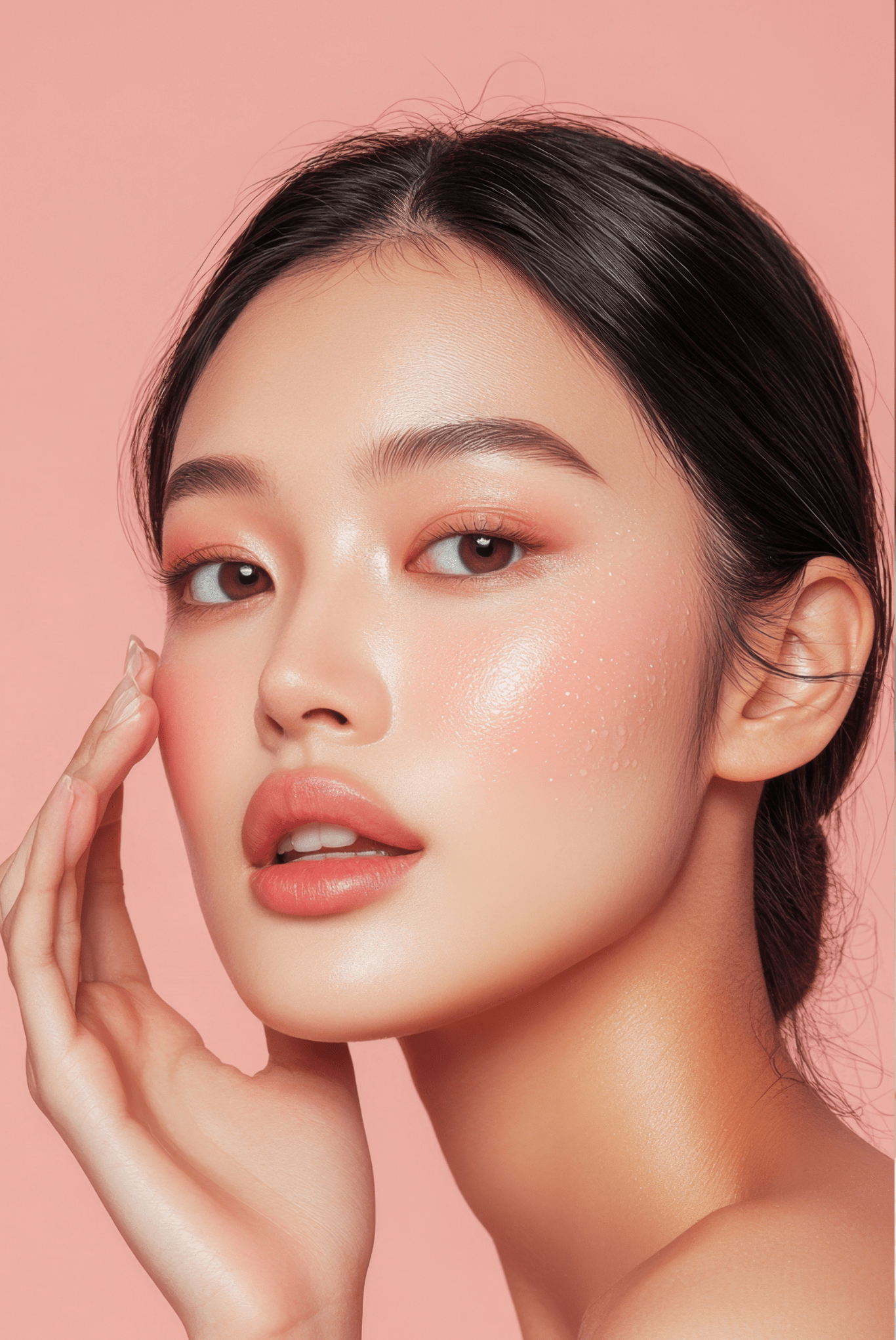 Nahaufnahme Gesicht eines asiatischen models vor pinkem hintergund